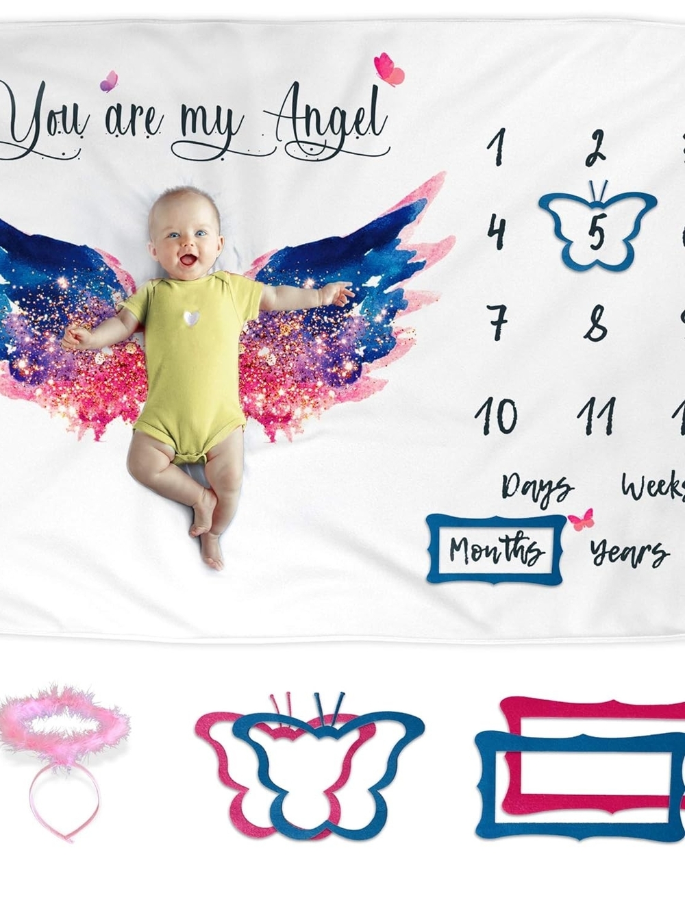 You Are My Angel Baby Milestone Blanket - Pink & Blue Wings